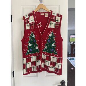 Vintage Bobbie Brooks Christmas Sweater Vest L Red Plaid Tree Embroidered Ugly K